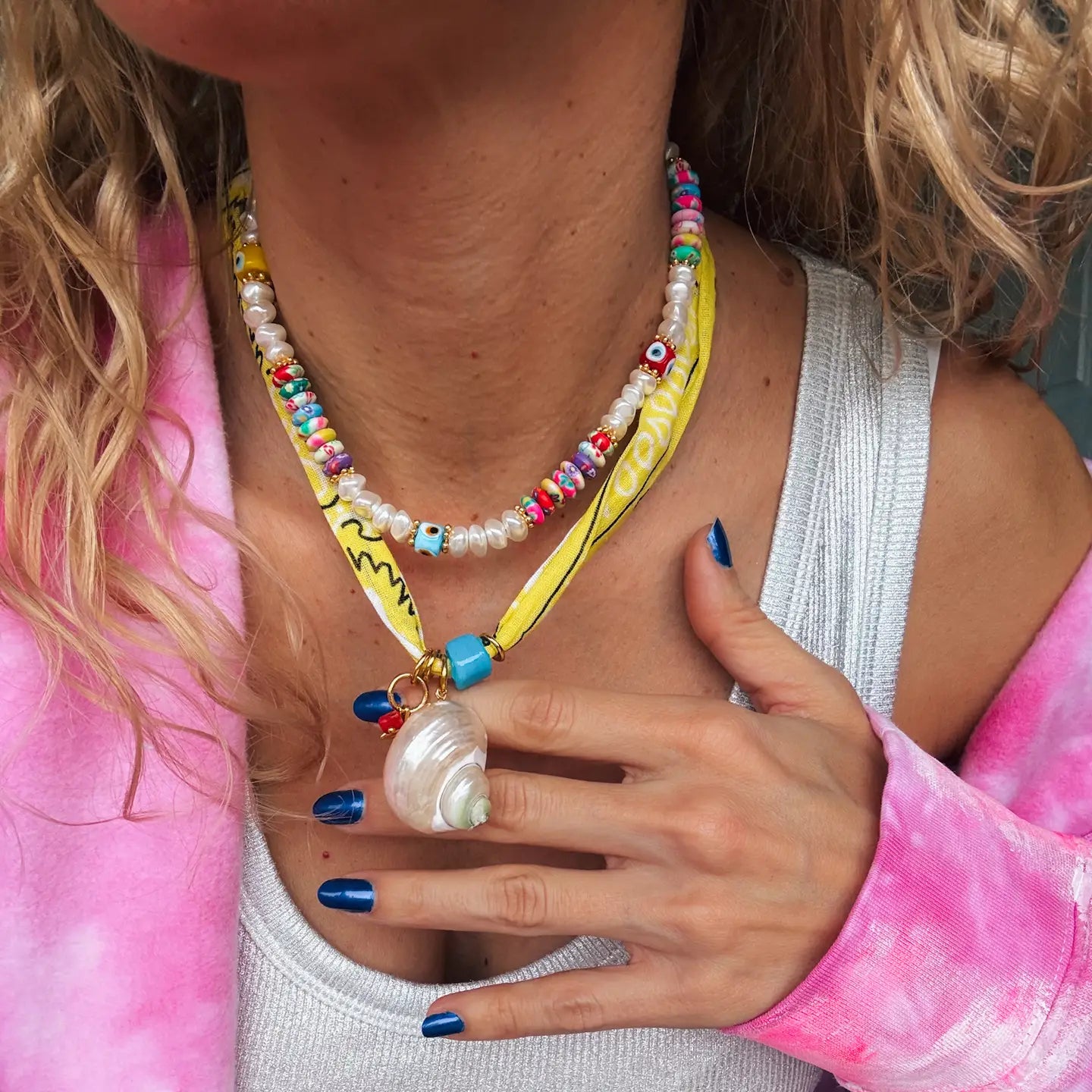 Yellow Bandana Scarf Necklace and Multicolor Beaded Necklace