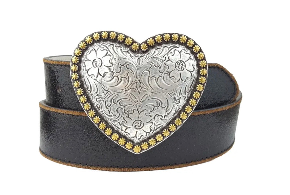 Western Heart Buckle W. Vintage Leather Belt- Cream