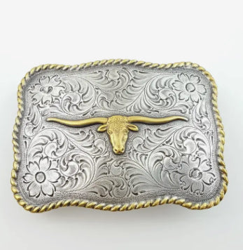 Buckle: Western Long Horn Buckle- Silver w. Gold Trim