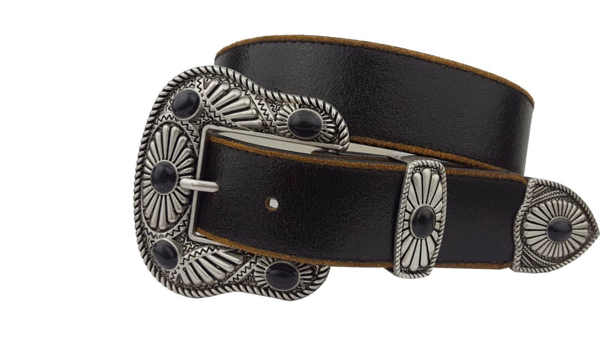 Vintage Leather Belt with Western Buckle Set