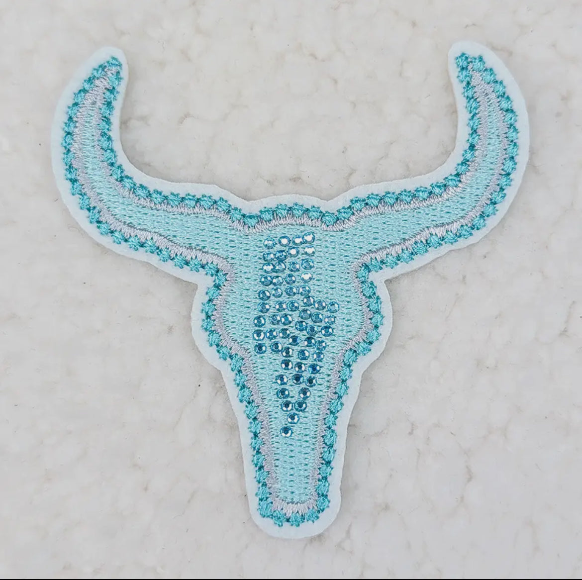 Blue rhinestone bull head patch