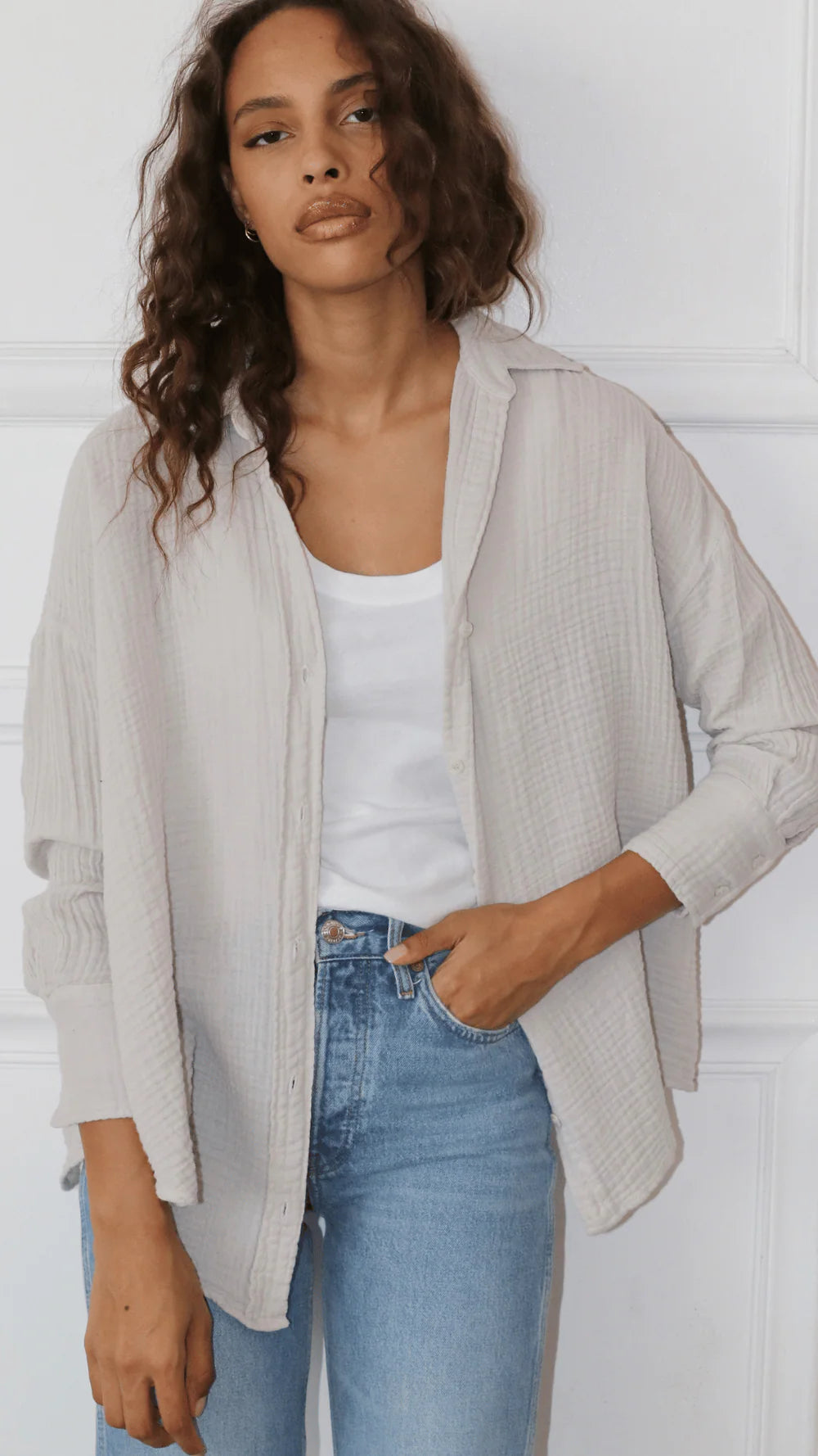 Drop Shoulder Shirt Gauze- LIGHT TAN