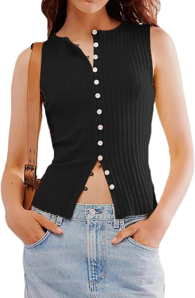 Slim knit sleeveless button top