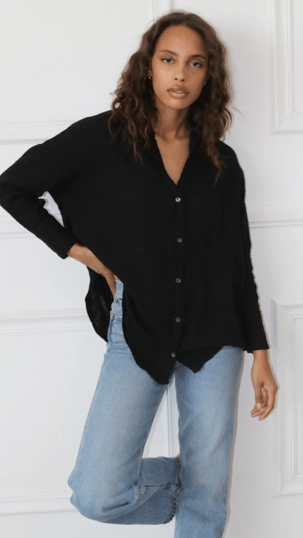 DROP SHOULDER TOP GAUZE - BLACK