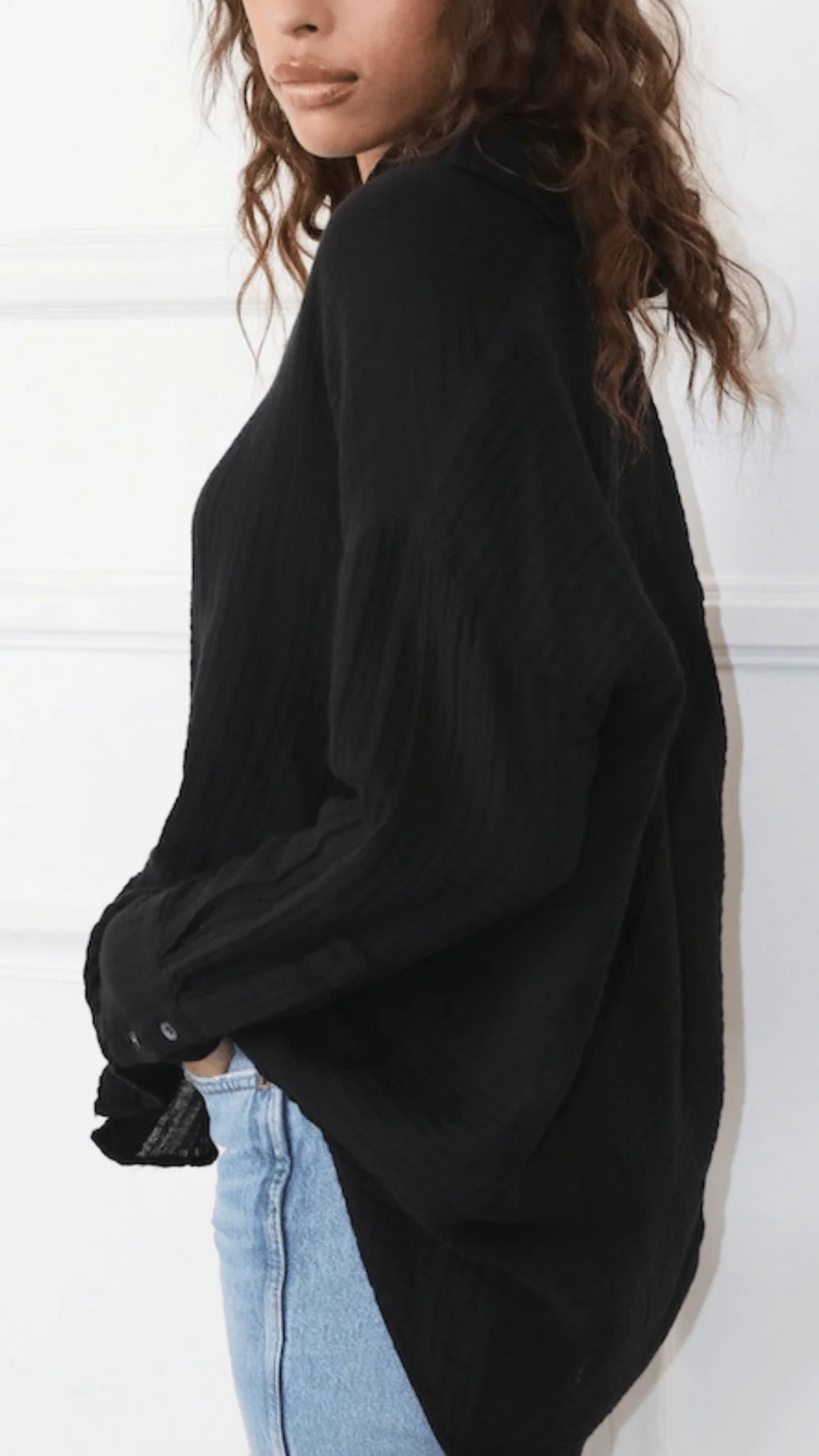 DROP SHOULDER TOP GAUZE - BLACK