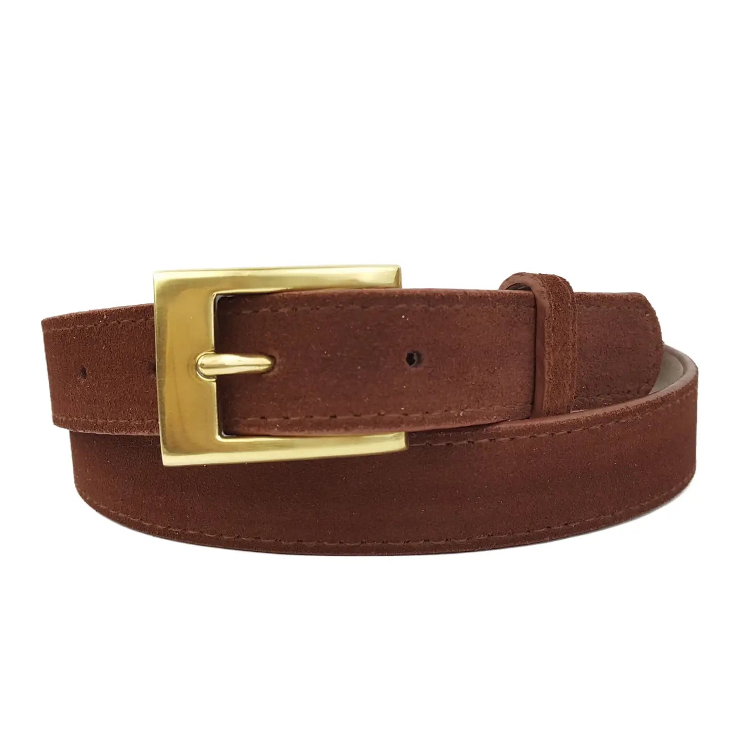 Basic Genuine Suede Belt with Shiny Brass Buckle- Brown