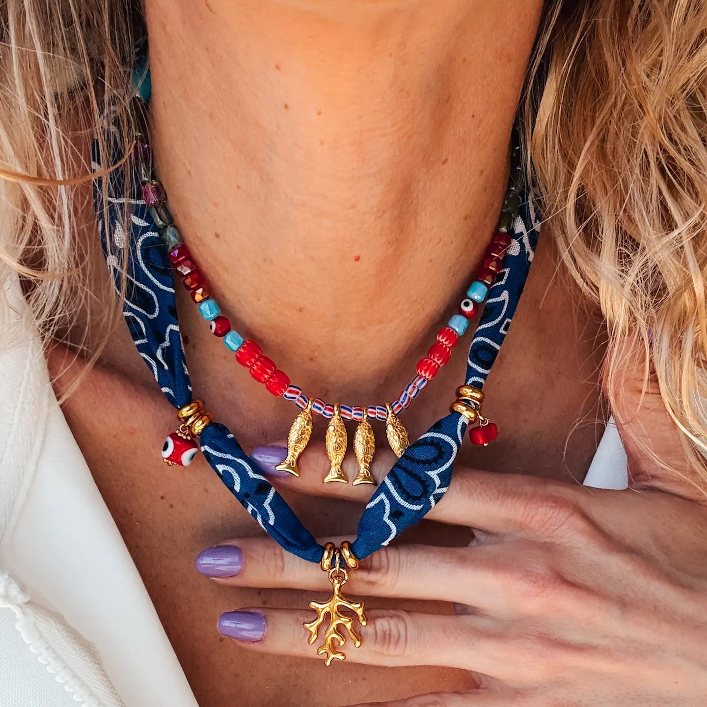 Bohemian Blue Bandana Scarf & Colorful Beaded Fish Necklace