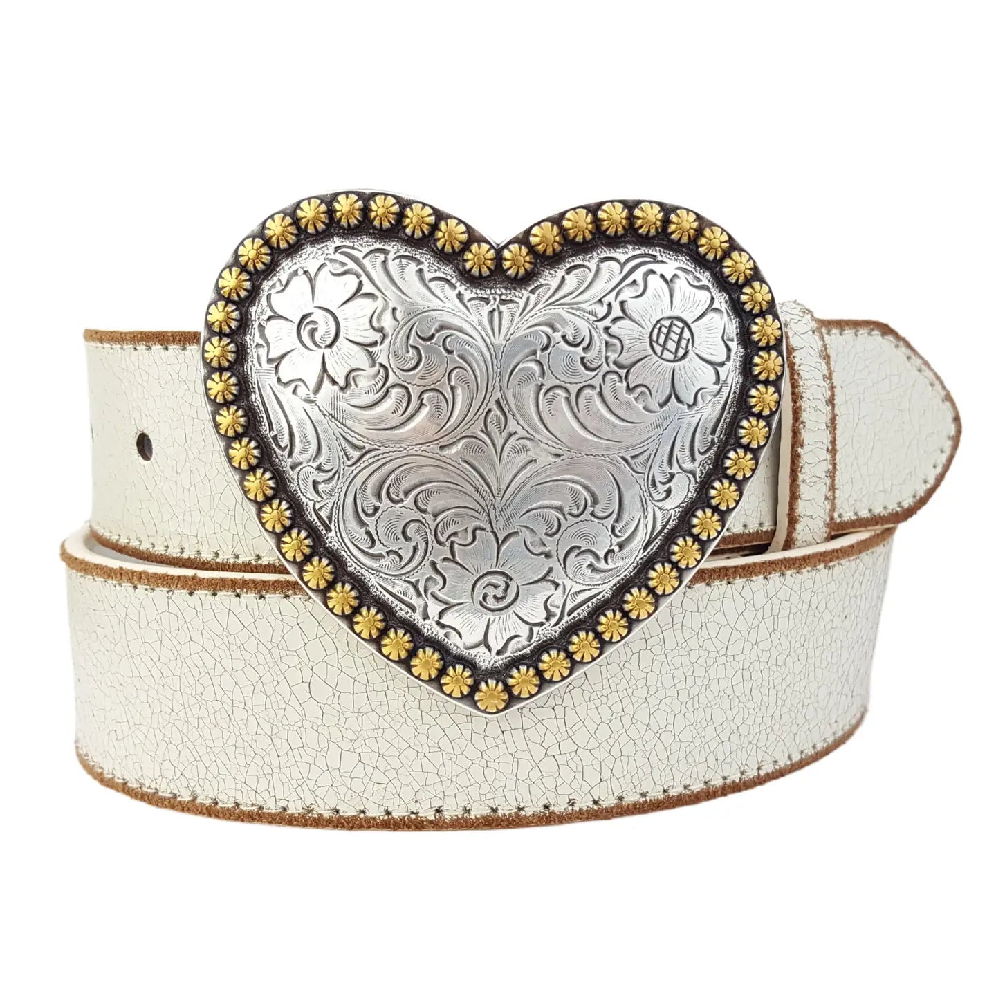Western Heart Buckle W. Vintage Leather Belt- Cream
