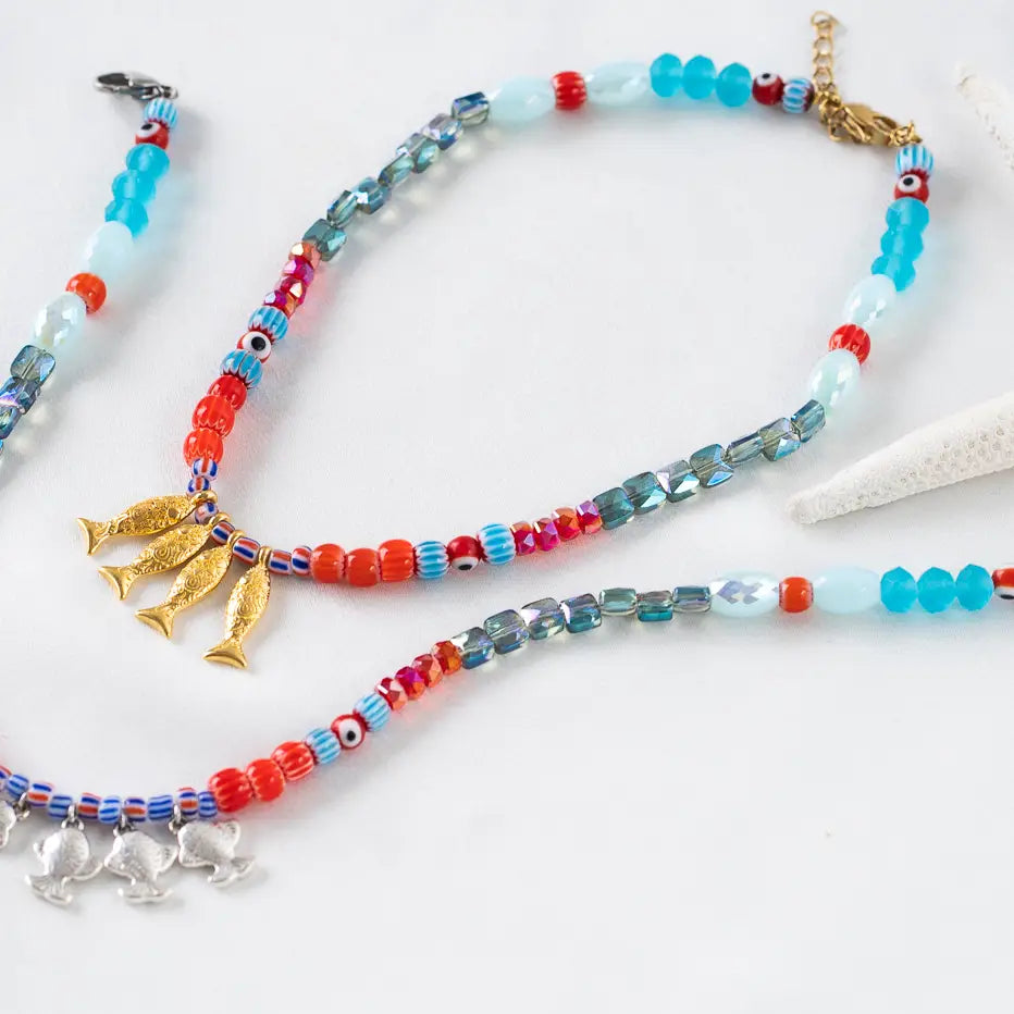 Fish Beaded Necklace in Greek Islands Colors- Gold