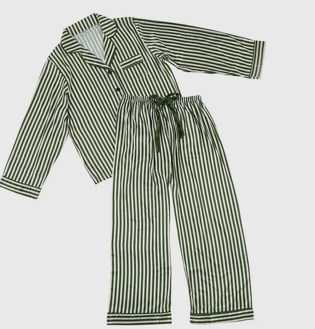 Long Sleeve Pj Set- Green Strip