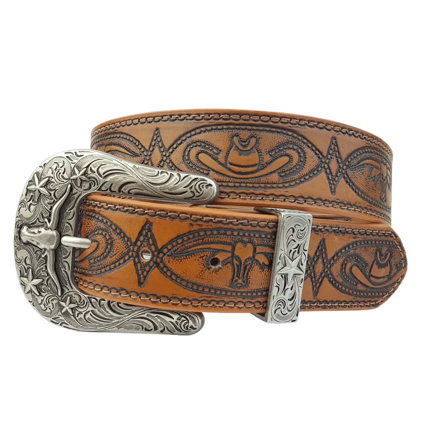 Matching Long Horn Silver Buckle and Tooled Belt- Tan