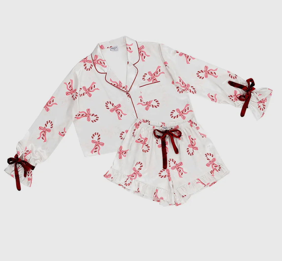 Ruffled Pj Short Set W/ Velvet Ties