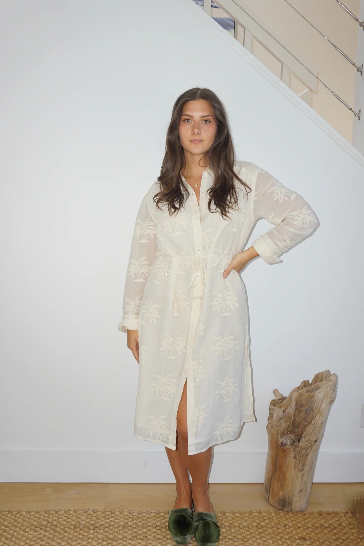 CHAMBERS MIDI DRESS - CREAM PALM EMBROIDERY
