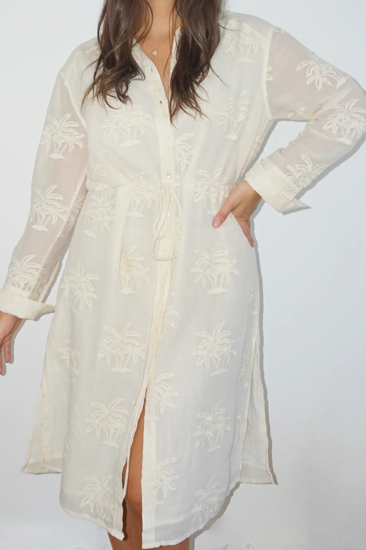 CHAMBERS MIDI DRESS - CREAM PALM EMBROIDERY
