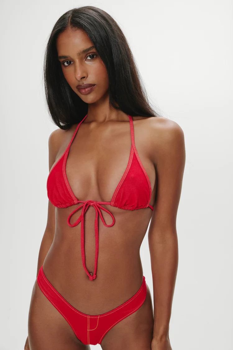 Paradise Denim Halter Bikini Top- Red Denim