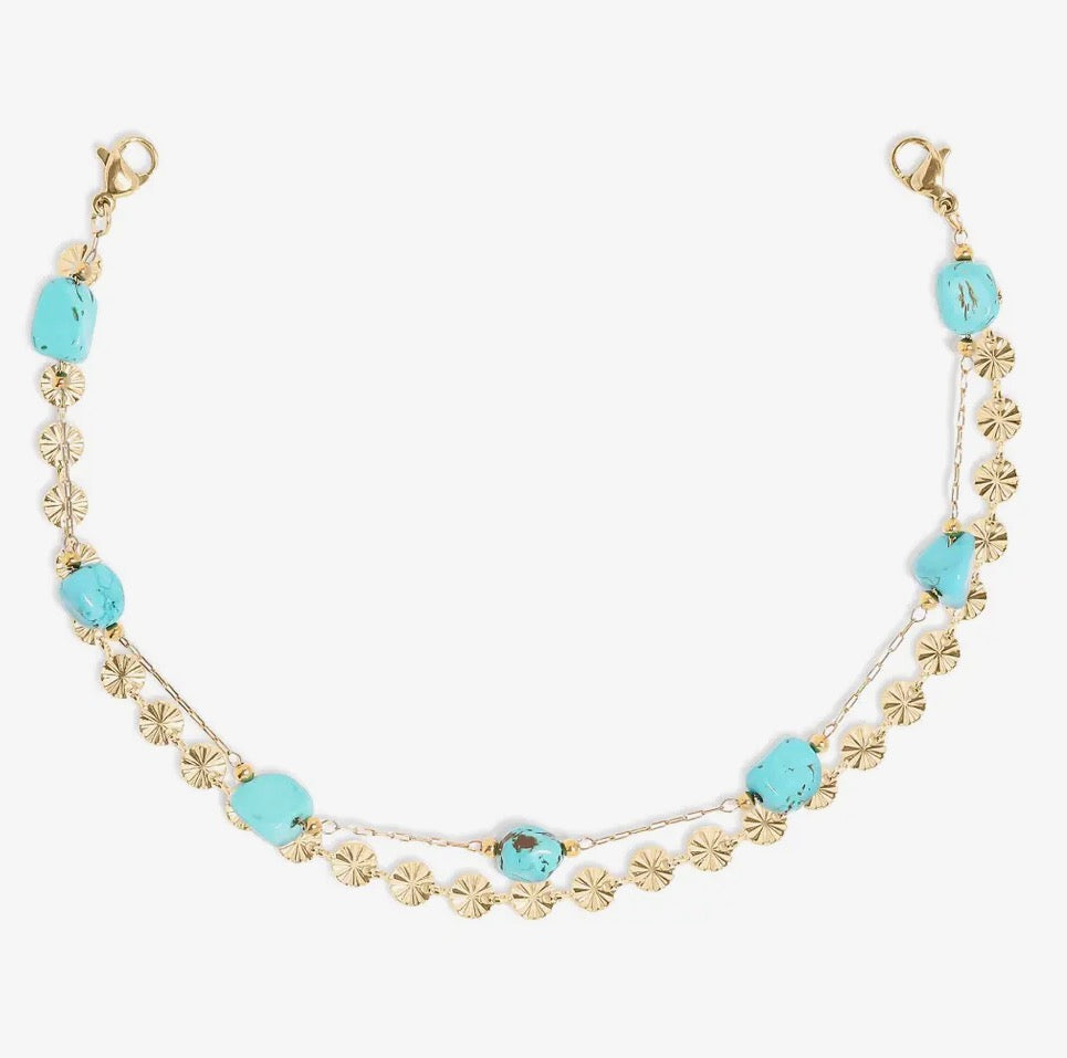 Crimped circle and turquoise stone layered hat chain