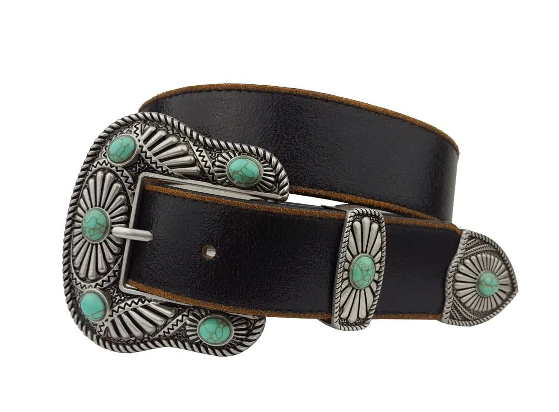 Vintage Leather Belt with Western Buckle Set