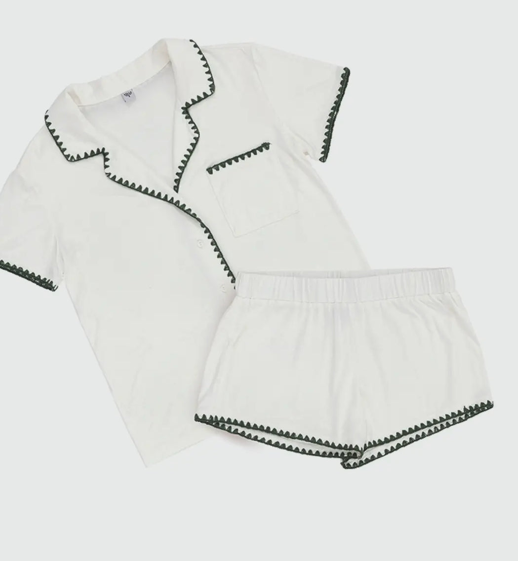 Bamboo Short Pj Set- Forest Green Stitch