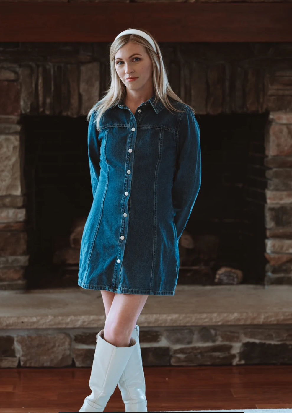 Denim mini dress with button