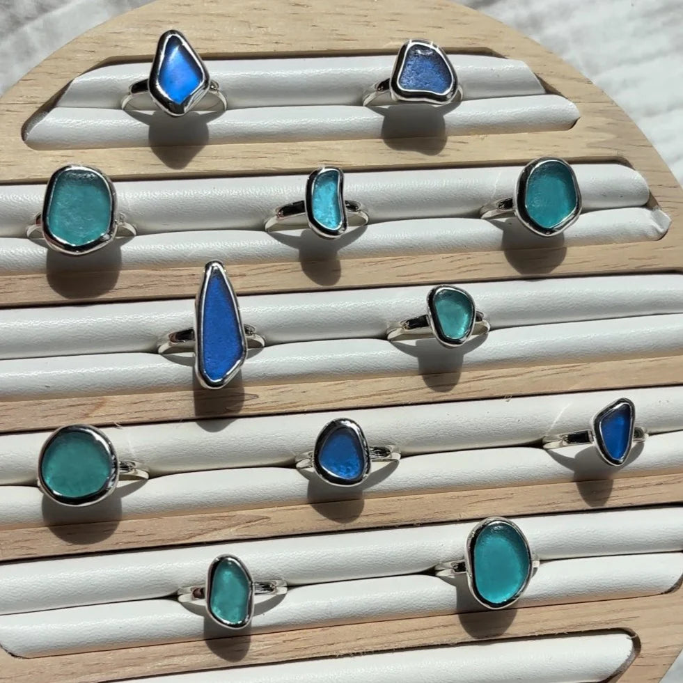 Blue Sea Glass Ring (Handmade)- Gold
