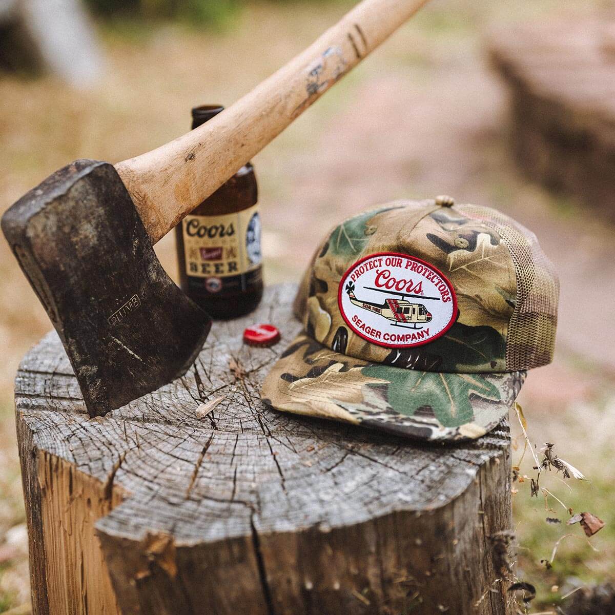 SEAGER X COORS BANQUET HELO TRUCKER SNAPBACK REAL CAMO