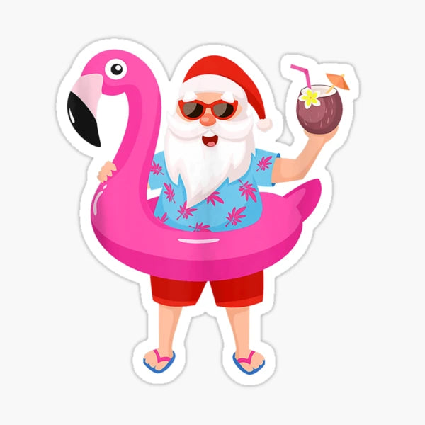 Santa in a flamingo floaty patch