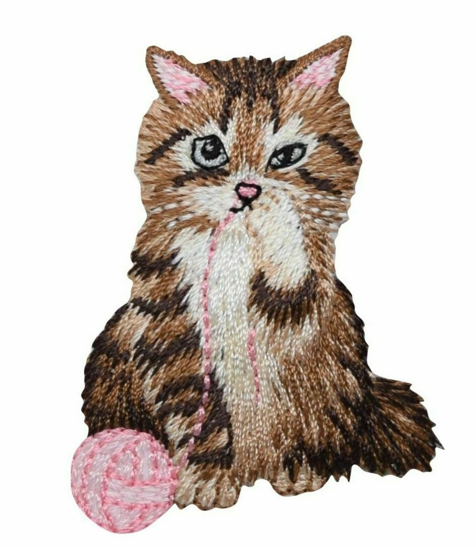 Brown cat playing with pink yarn patch