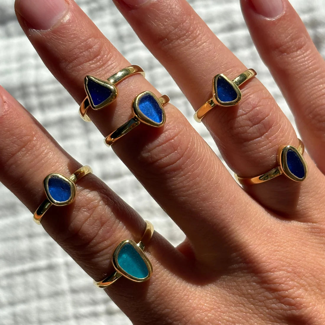 Blue Sea Glass Ring (Handmade)- Gold