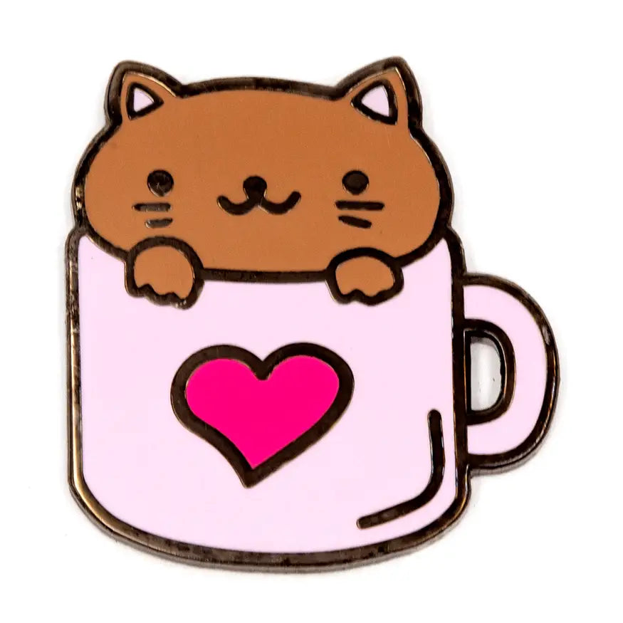 Cat in heart coffee mug pin