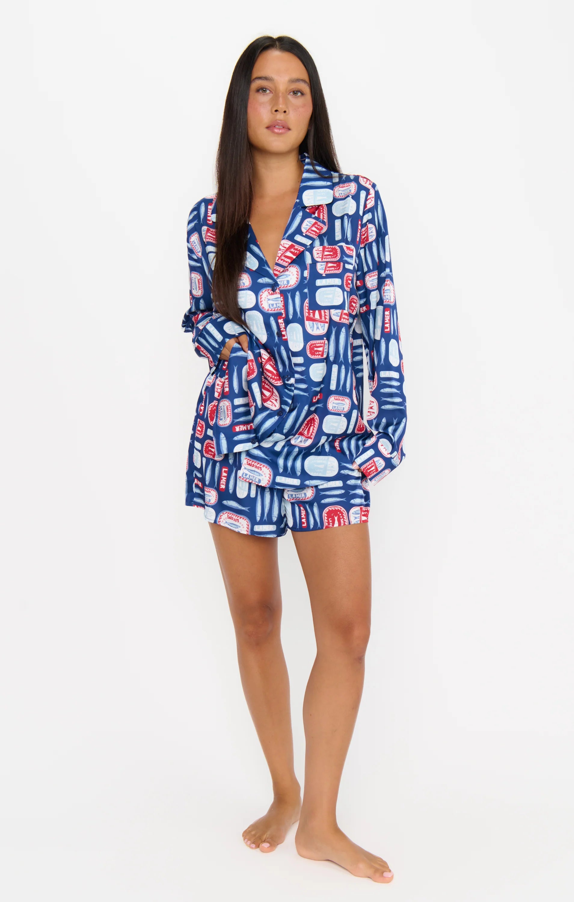 Silky Pj Set in Navy Sardine