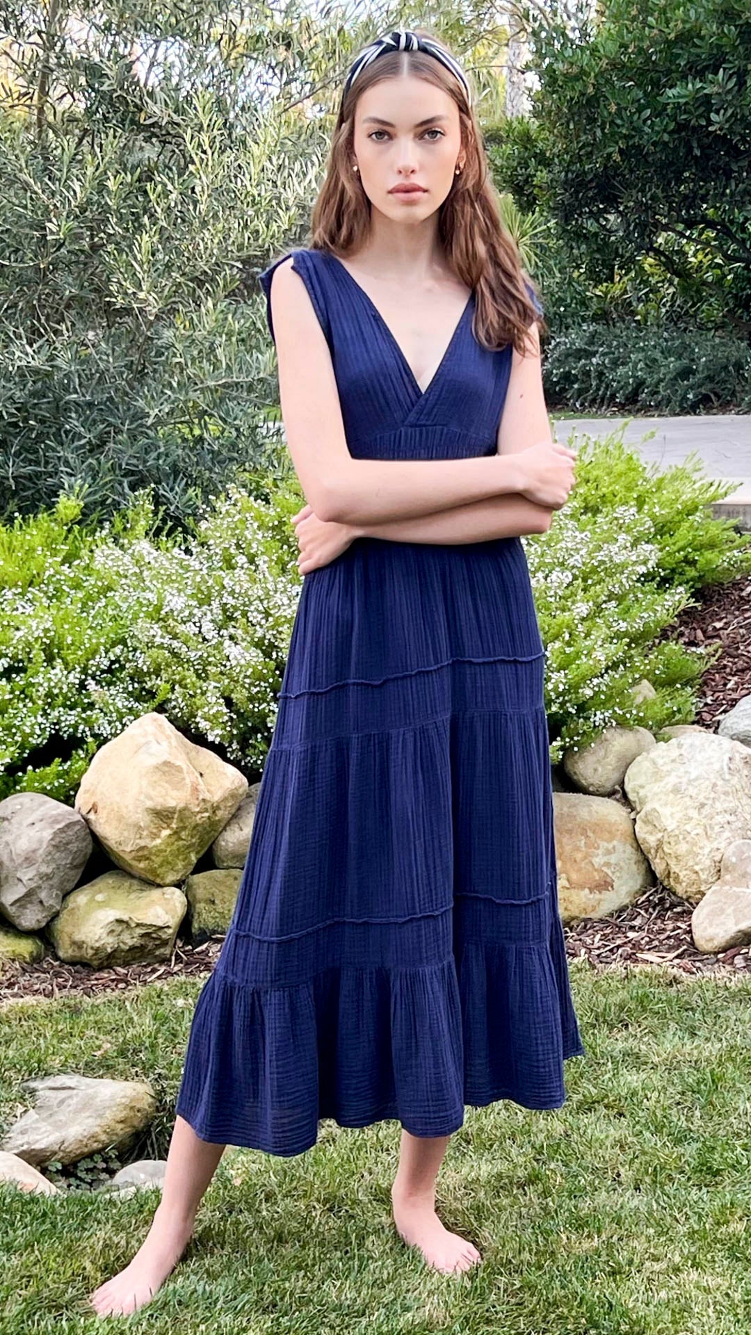 Smocked Dress Gauze - Navy
