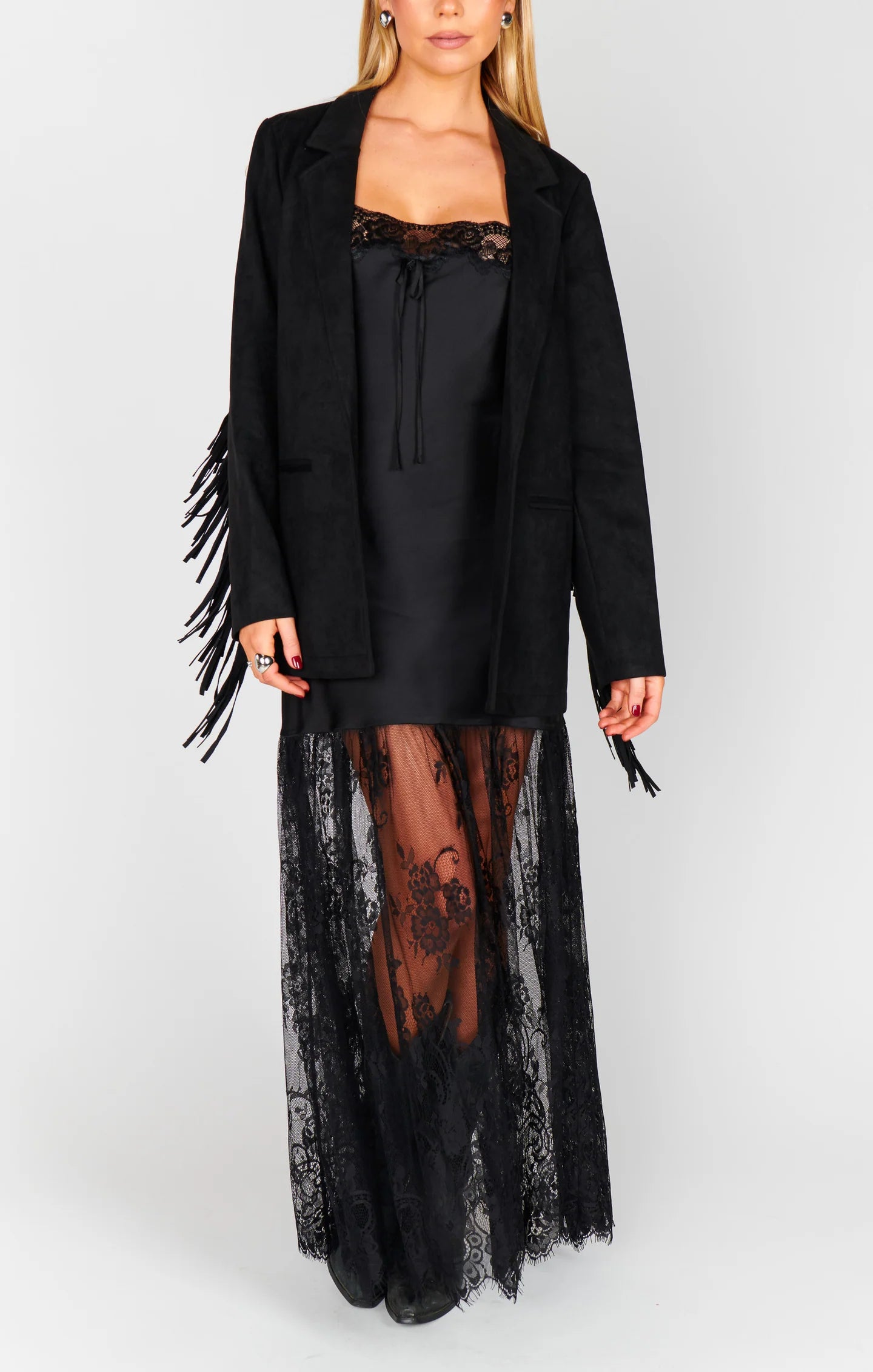 Sierra Fringe Jacket Black Faux Suede