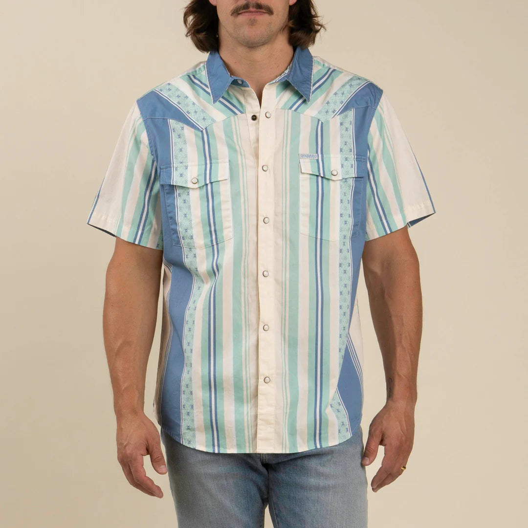 SERAPE PEARL SNAP SHORT SLEEVE- Retro Stripe Teal