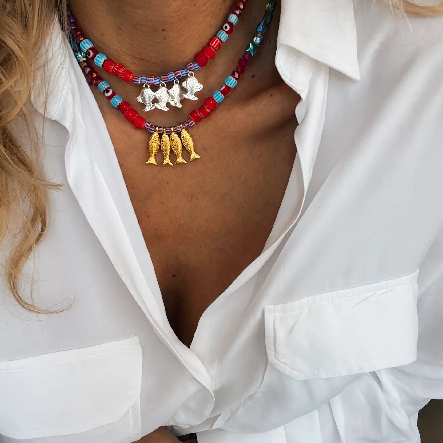 Fish Beaded Necklace in Greek Islands Colors- Gold