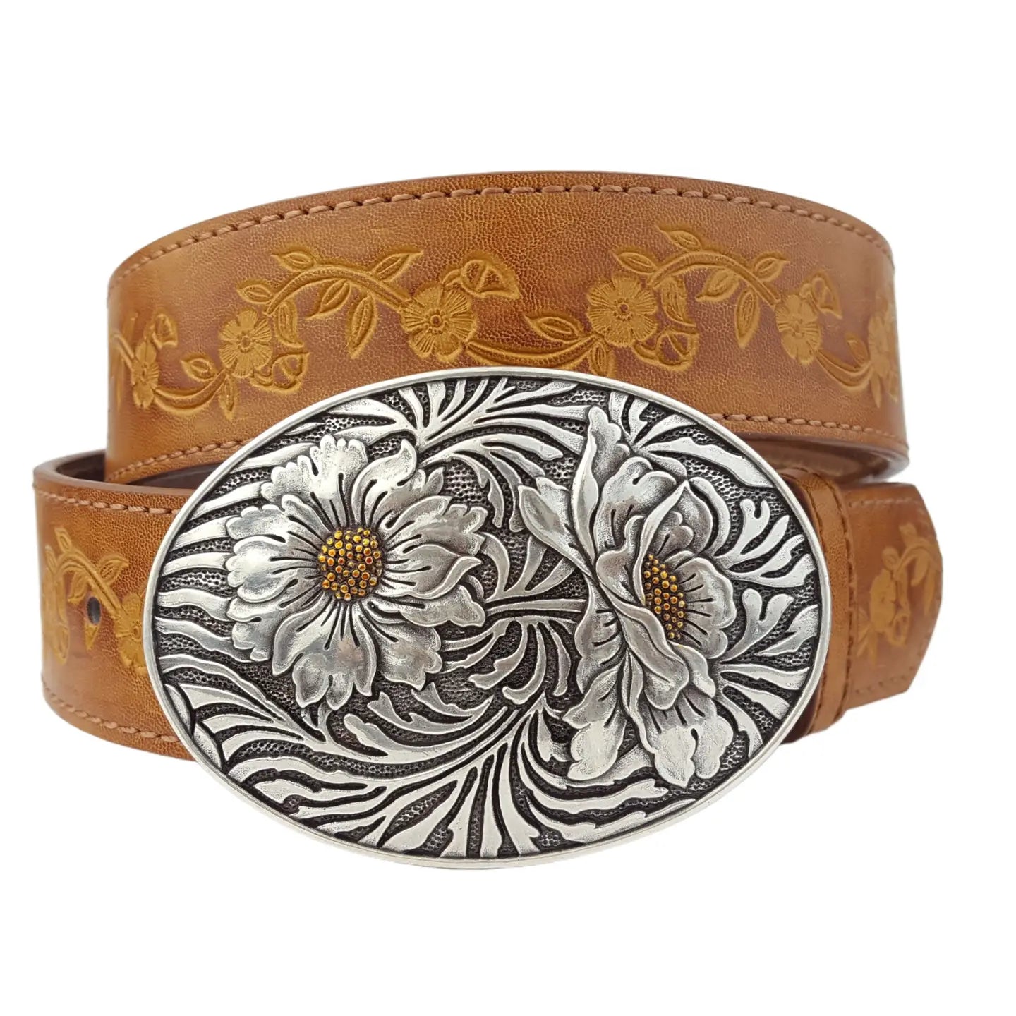 Popular Sunflower Buckle with Vintage Floral Tooled Belt- Tan